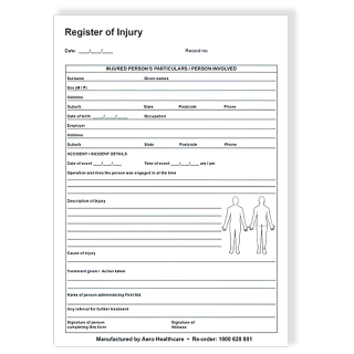 AEROSUPPLIES Register of Injuries Duplicate Pad (25 pages) - RI001 , 