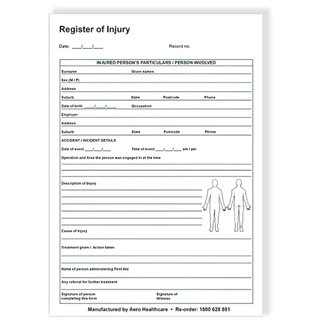 AEROSUPPLIES Register of Injuries Duplicate Pad (25 pages) - RI001 by Aero Healthcare,