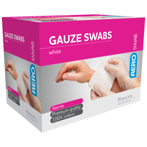 AEROSWAB Sterile White Gauze Swab 7.5 x 7.5cm Box/25 (Packs of 5) - AGS755S by Aero Healthcare,