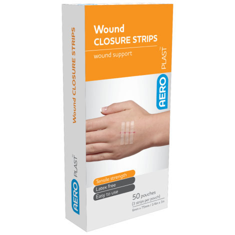 AEROPLAST Wound Closure Strips 6 x 75mm Box/50 (3 strips/card) - APWC7563 by Aero Healthcare,