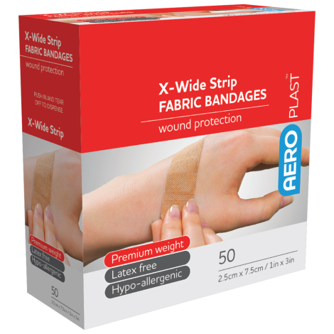 AEROPLAST Premium Fabric X-Wide Strip 7.5 x 2.5cm Box/50 - AFP6015 by Aero Healthcare, 