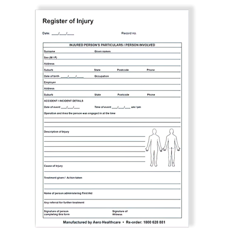 AEROSUPPLIES Register of Injuries Duplicate Pad (25 pages) - RI001 , 