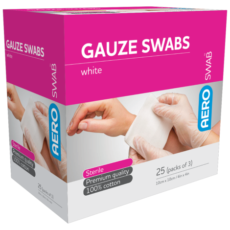 AEROSWAB Sterile White Gauze Swab 10 x 10cm Box/25 (Packs of 3) - AGS103S , 