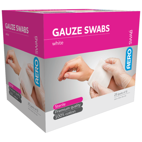 AEROSWAB Sterile White Gauze Swab 10 x 10cm Box/25 (Packs of 5) - AGS105S , 