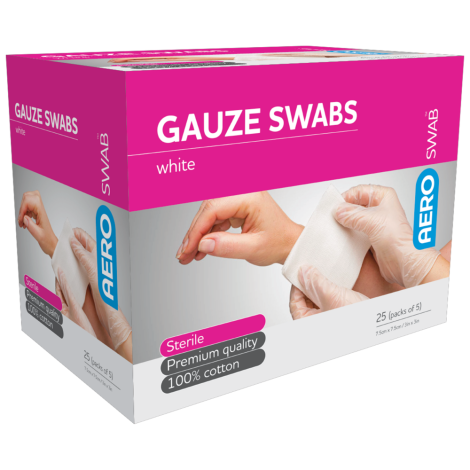 AEROSWAB Sterile White Gauze Swab 7.5 x 7.5cm Box/25 (Packs of 5) - AGS755S , 