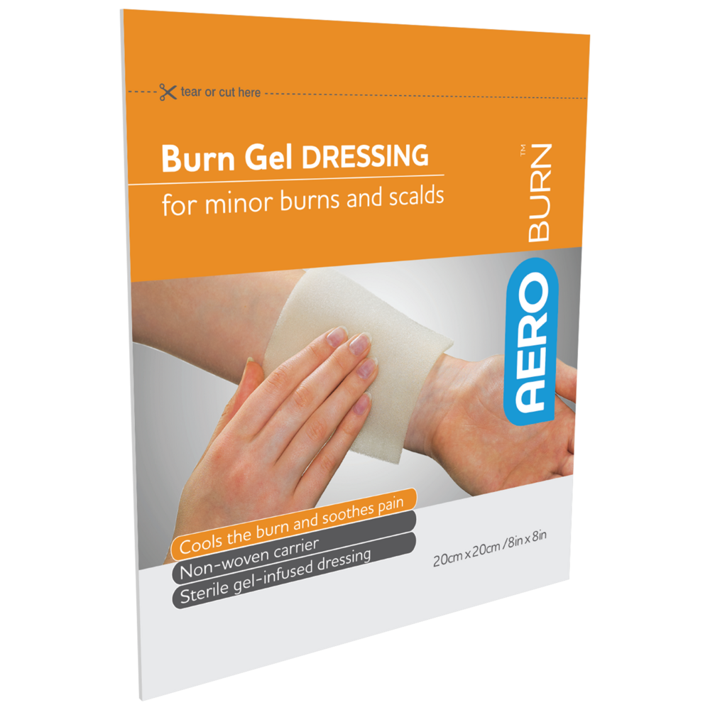 AEROBURN Burn Gel Dressing 20x20cm pouch showing hydrogel-impregnated wound contact layer