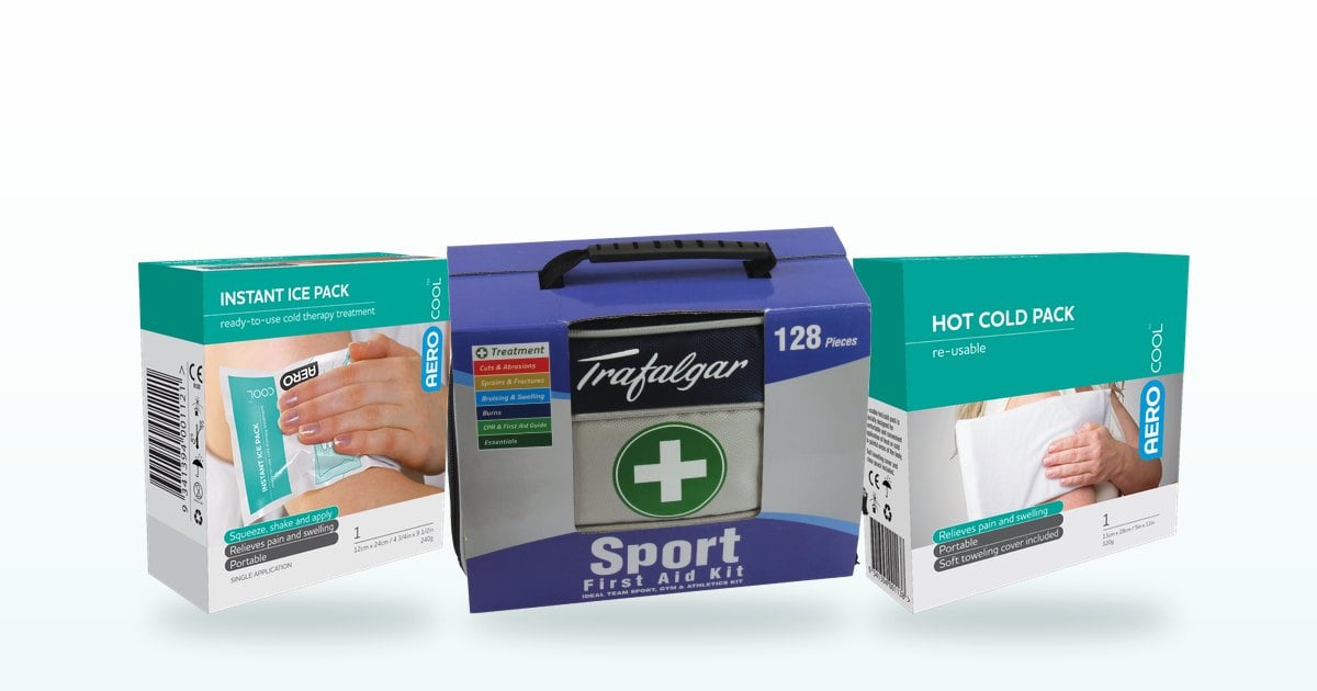 Sports first aid for head knocks: instant ice pack, gel pack and sports first aid kit