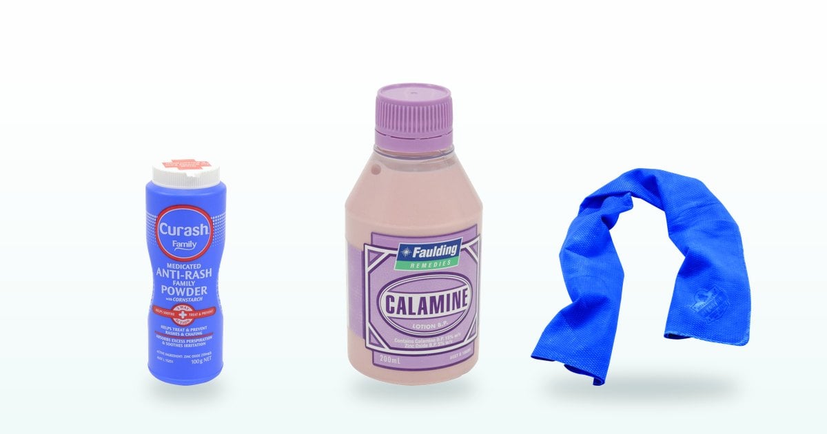 Heat rash relief products: calamine lotion, absorbent powder and a cooling towel
