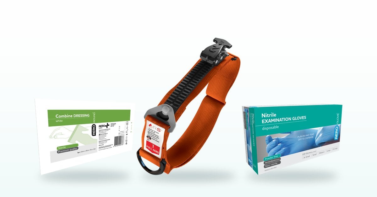 Bleeding control first aid: arterial tourniquet, combine dressing and pressure bandage
