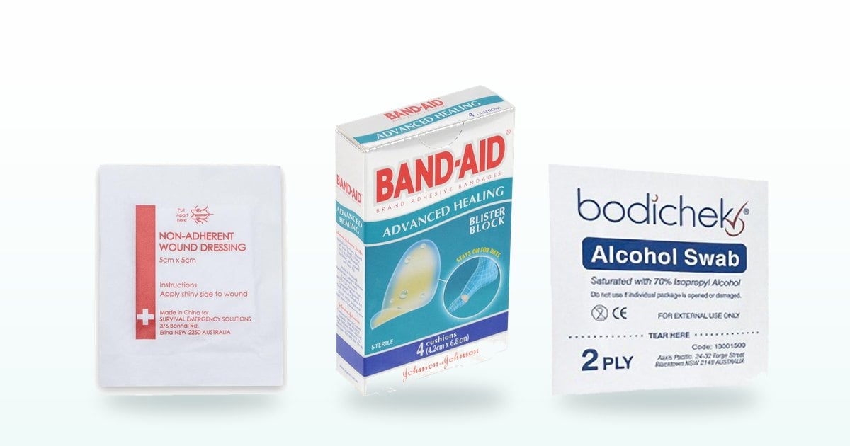 Blister care: Band-Aid Blister Block, non-adherent dressing and alcohol swab