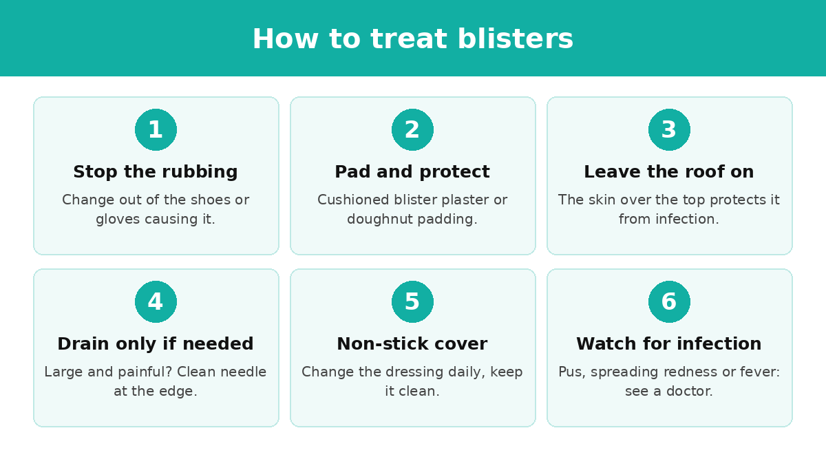 How to treat blisters in six steps: stop the rubbing, protect with padding, leave the roof on, drain only if needed, cover with a non-stick dressing, watch for infection