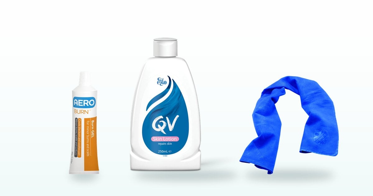 After-sun first aid products: burn gel, moisturising lotion and a cooling towel