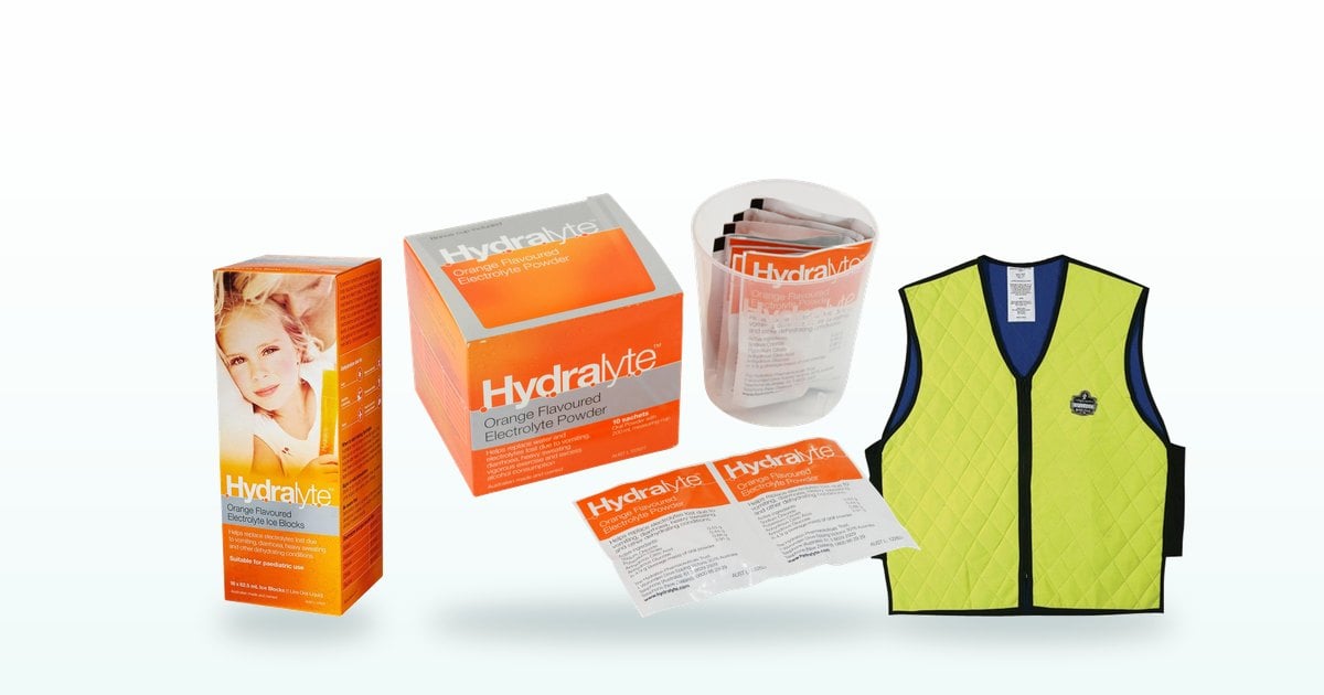 Rehydration and cooling products: oral rehydration sachets, ice blocks and a cooling vest