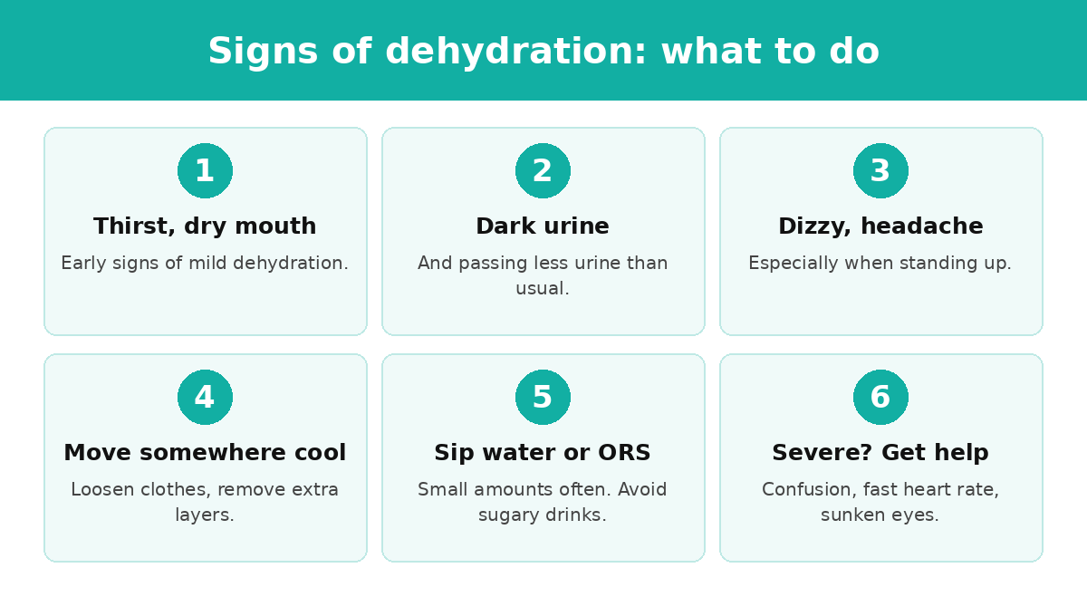 Signs of dehydration and what to do: thirst and dry mouth, dark urine, dizziness and headache, move somewhere cool, sip water or oral rehydration solution, get help for severe signs